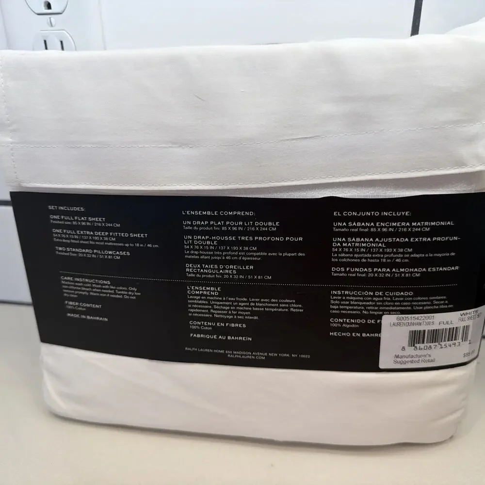 Lauren Ralph Lauren Dunham Sateen Full Sheet Set - White New!